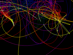 Screenshot of swirls.py showing many rainbow-coloured swirls.